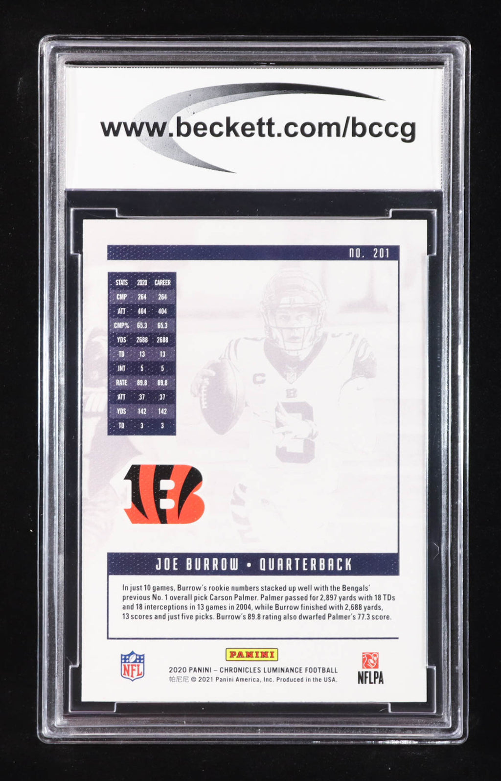 Joe Burrow 2020 Panini Luminance #201 RC / CHRONICLES (BCCG 10)