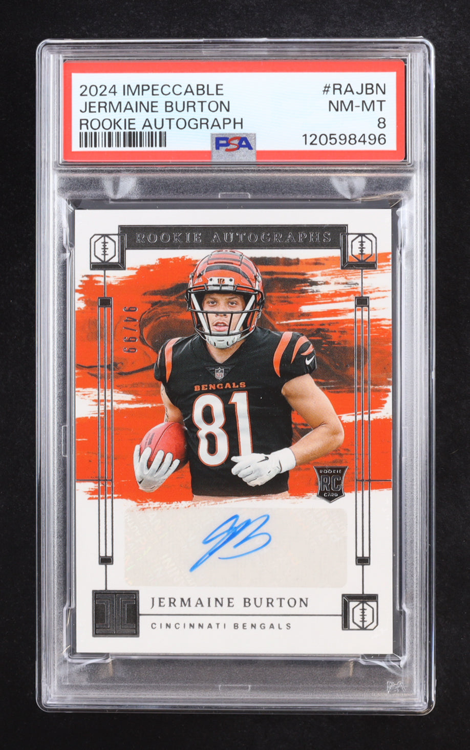 Jermaine Burton 2024 Impeccable Rookie Autograph #RAJBN #94/99 RC (PSA 8)