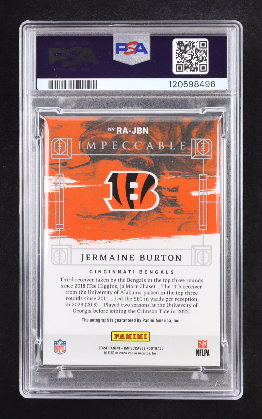 Jermaine Burton 2024 Impeccable Rookie Autograph #RAJBN #94/99 RC (PSA 8)