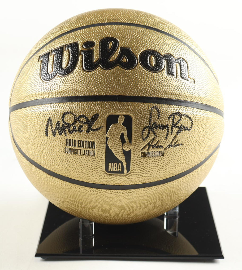 🏀 Larry Bird & Magic Johnson Signed NBA Basketball – Dual Autograph + COA – Premium Display Stand Included