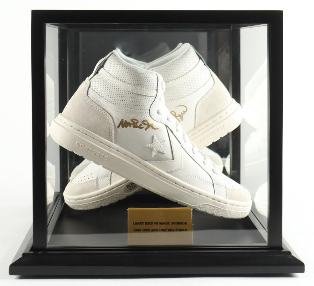 Magic Johnson & Larry Bird Signed Pair of (2) Converse All Star White Leather Basketball Shoes with Display Case (Beckett & PSA)