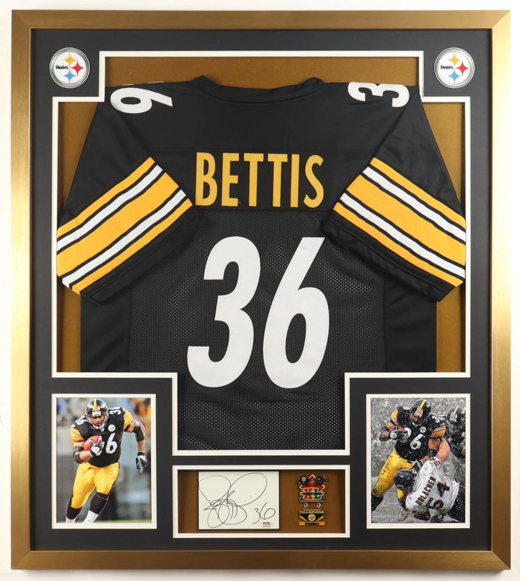 Jerome Bettis Signed Custom Framed Cut Display with Jersey & CHAMPION PIN(PSA)