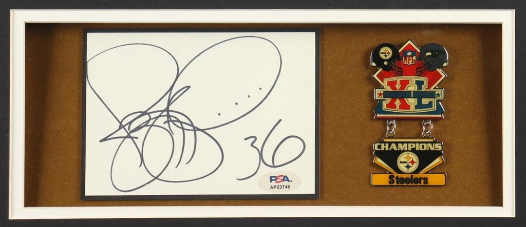 Jerome Bettis Signed Custom Framed Cut Display with Jersey & CHAMPION PIN(PSA)