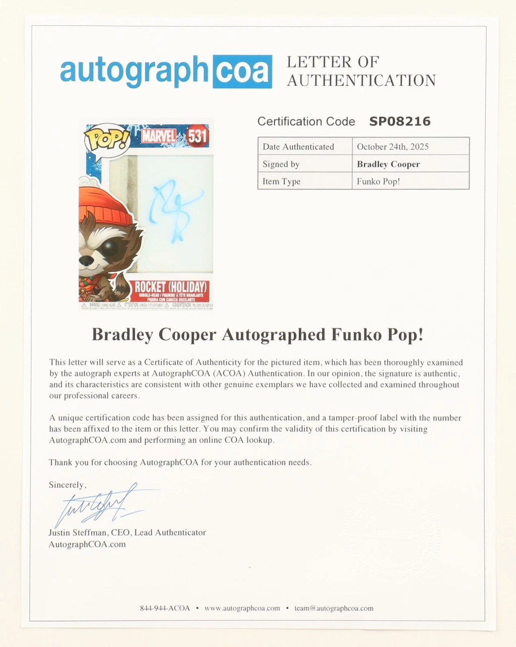 Bradley Cooper Signed Autographed Marvel Rocket Holiday Funko #531 JSA AR41379