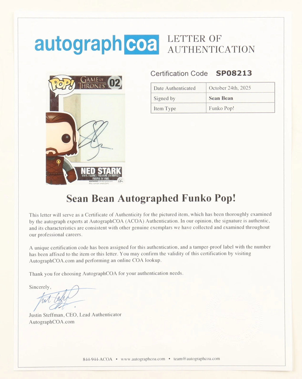 Share Sean Bean Signed "Game of Thrones" #02 Funko Ned Stark Funko Pop! Figure (ACOA)