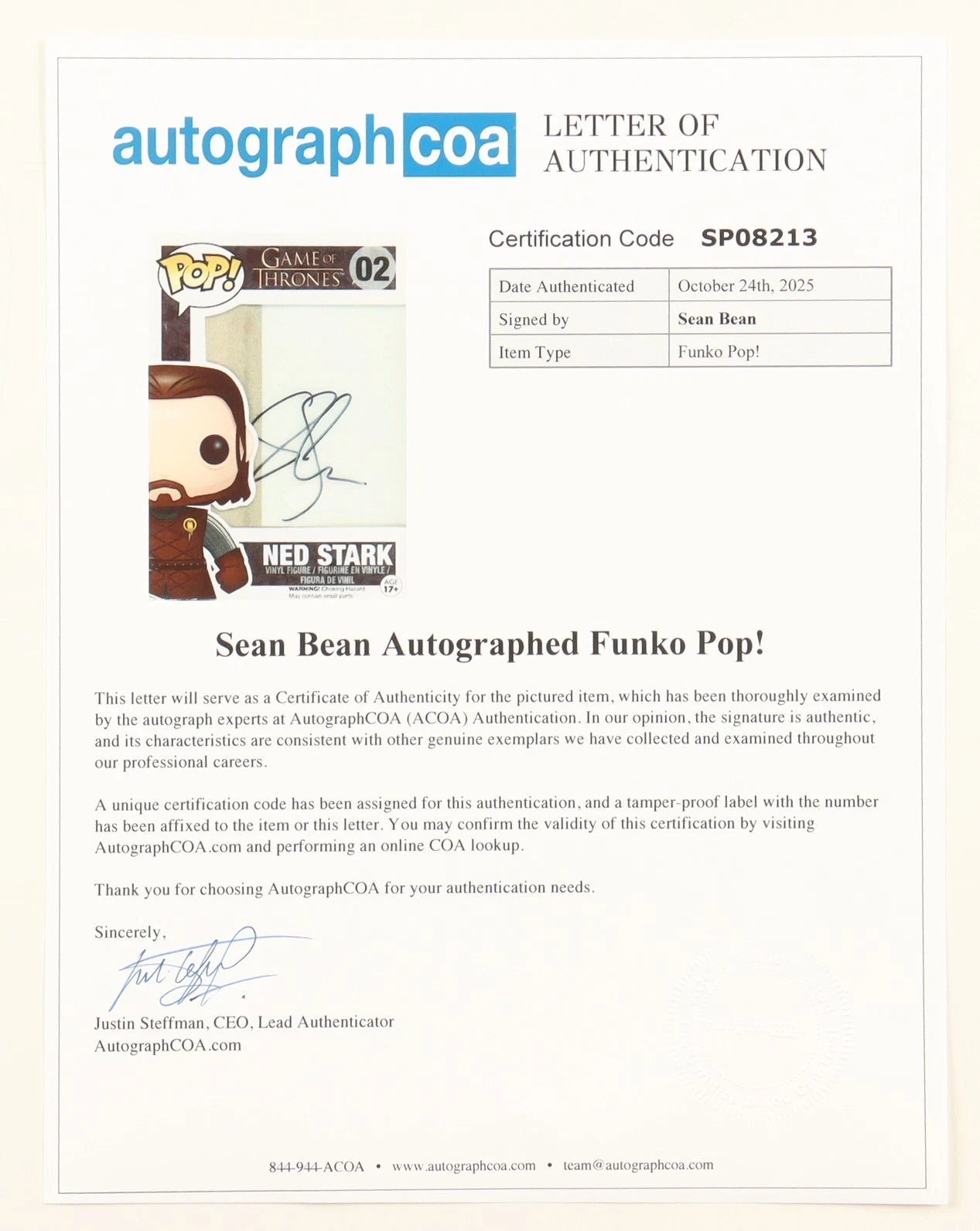 Share Sean Bean Signed "Game of Thrones" #02 Funko Ned Stark Funko Pop! Figure (ACOA)